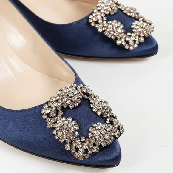 Manolo Blahnik Hangisi Blue Satin Jewel Pumps - Picture 6 of 9